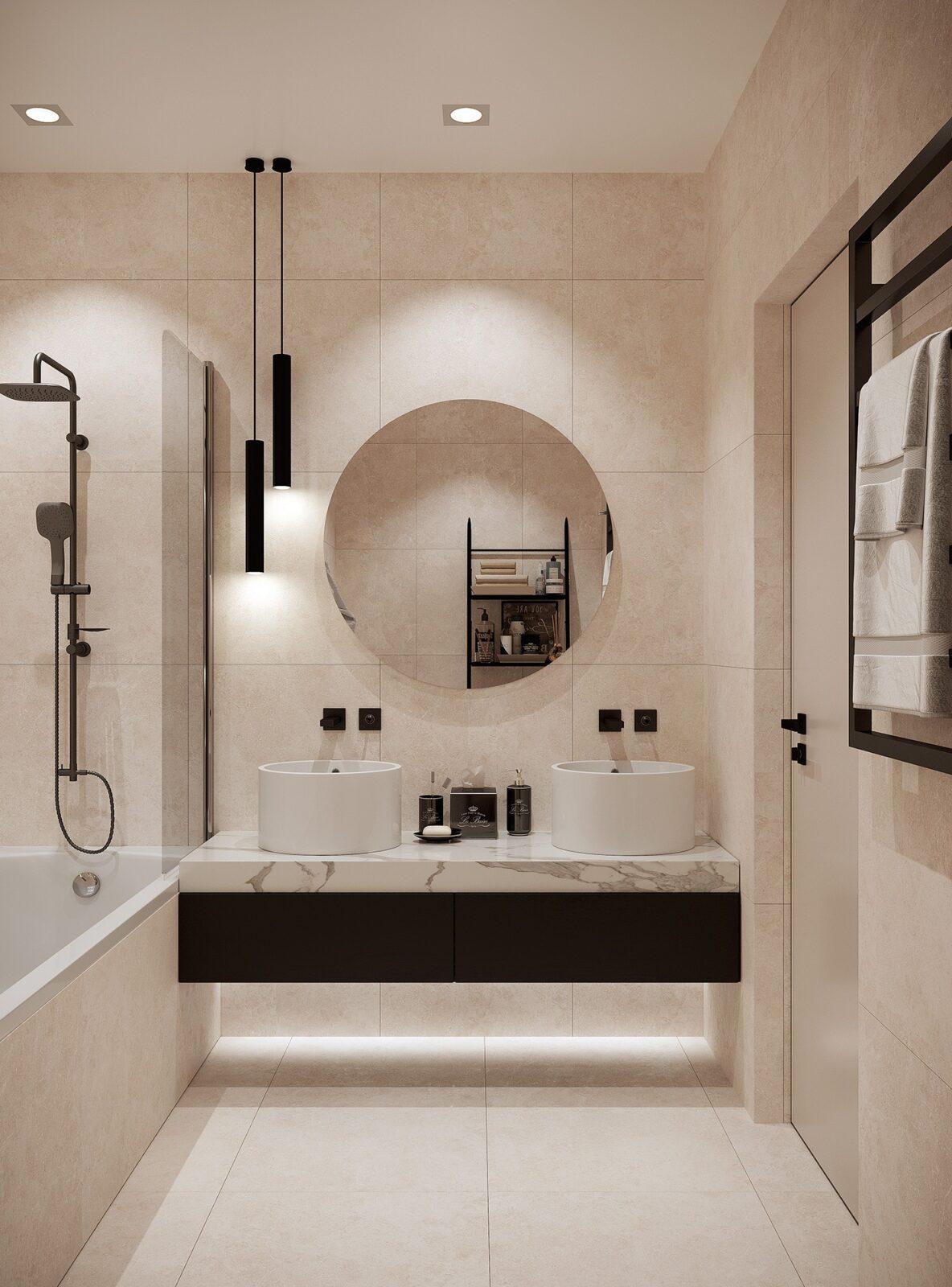 Globaltile Onda GT бежевый в интерьере ванной — напольная плитка 60×60